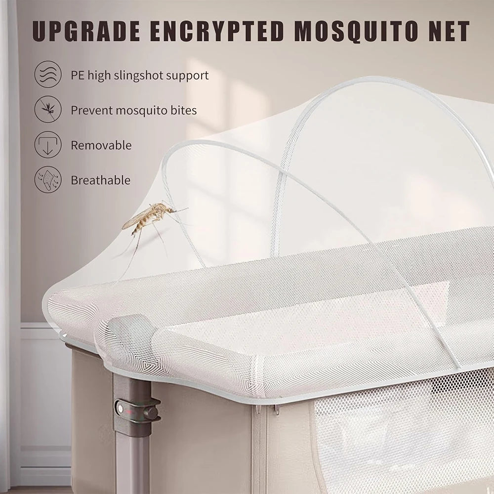 White mosquito net cover with slingshot support shown over a baby bassinet
