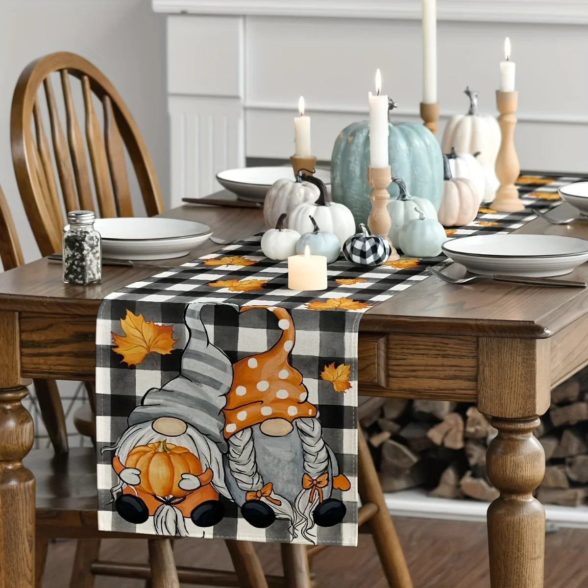 Autumn plaid table runner featuring a pumpkin dwarf design on a wooden table.
