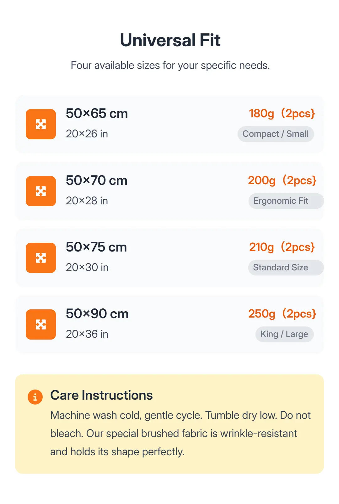 A list showing four available sizes for a Universal Fit pillowcase set with corresponding weights and fit descriptions.