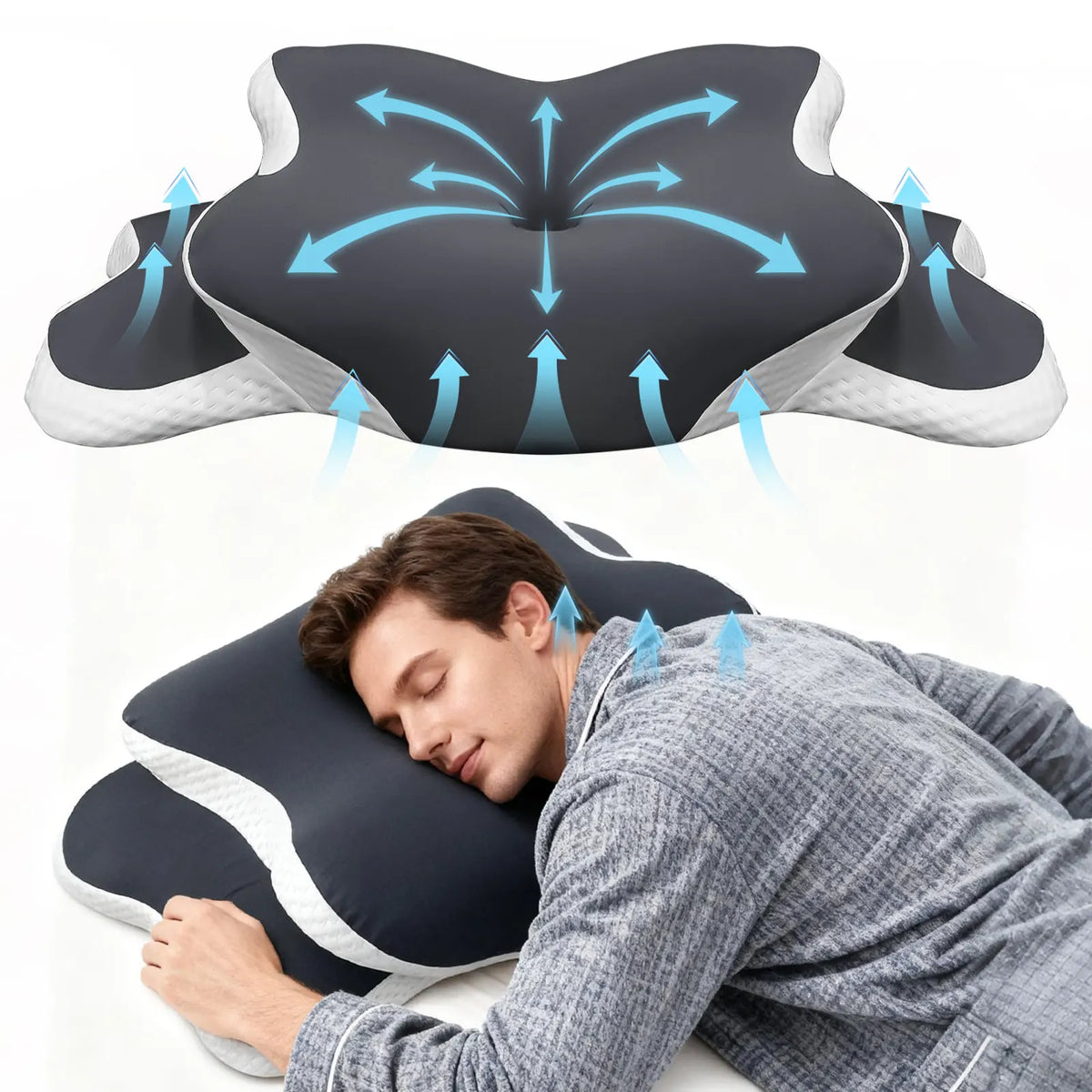 A dark blue ergonomic memory foam cervical pillow is shown with arrows indicating massage points, next to a man using it.