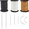 Three spools of waxed thread in black, white, and tan colors with various sewing needles.