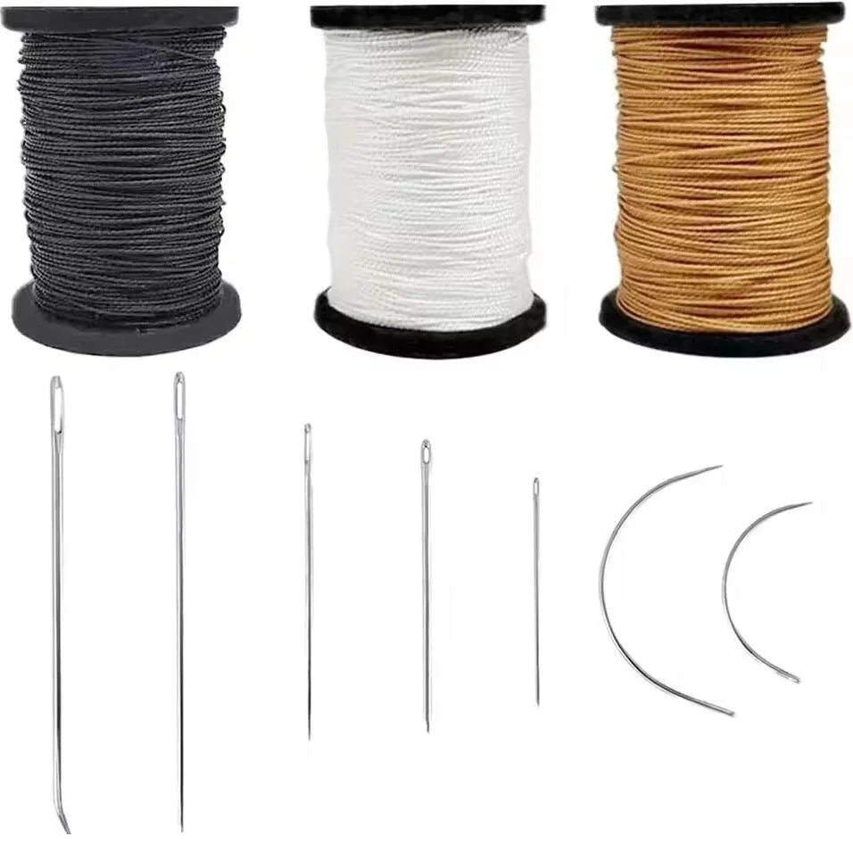 Three spools of waxed thread in black, white, and tan colors with various sewing needles.