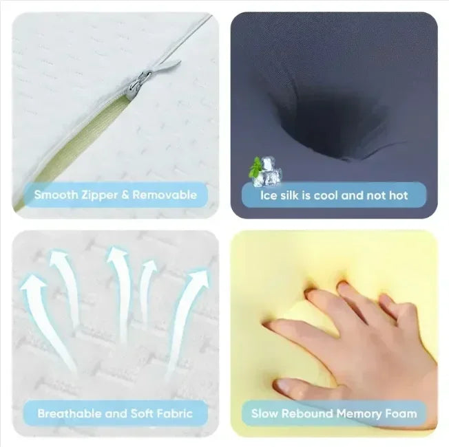 A cooling memory foam cervical pillow showing a smooth zipper, breathable fabric, and slow rebound features.