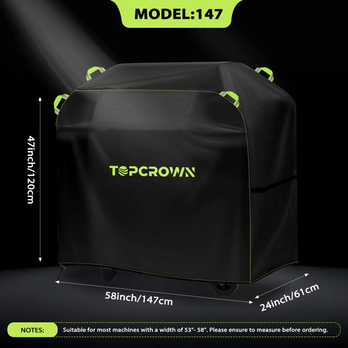 Black heavy-duty BBQ grill cover Model 147 with reflective protection and dimensions shown.