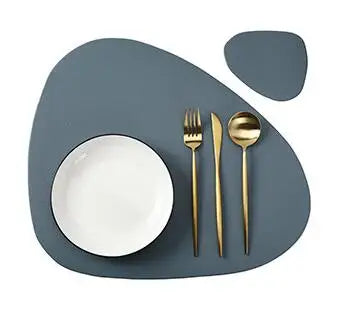 A set of reusable vinyl placemats featuring a dark gray plate and silverware on a matching gray background.