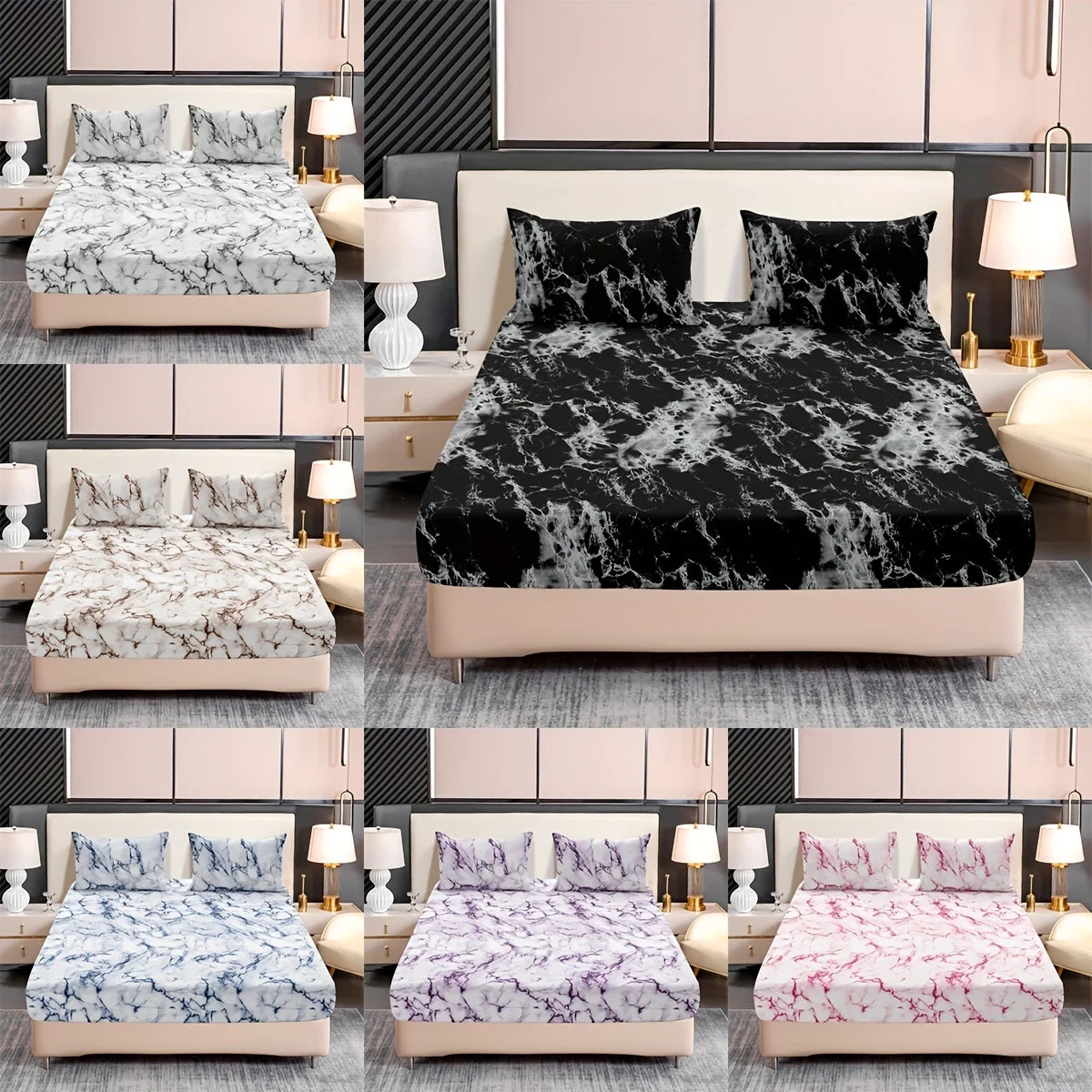 A collection of fitted sheet sets featuring various marble print patterns in black, white, and purple on beds.