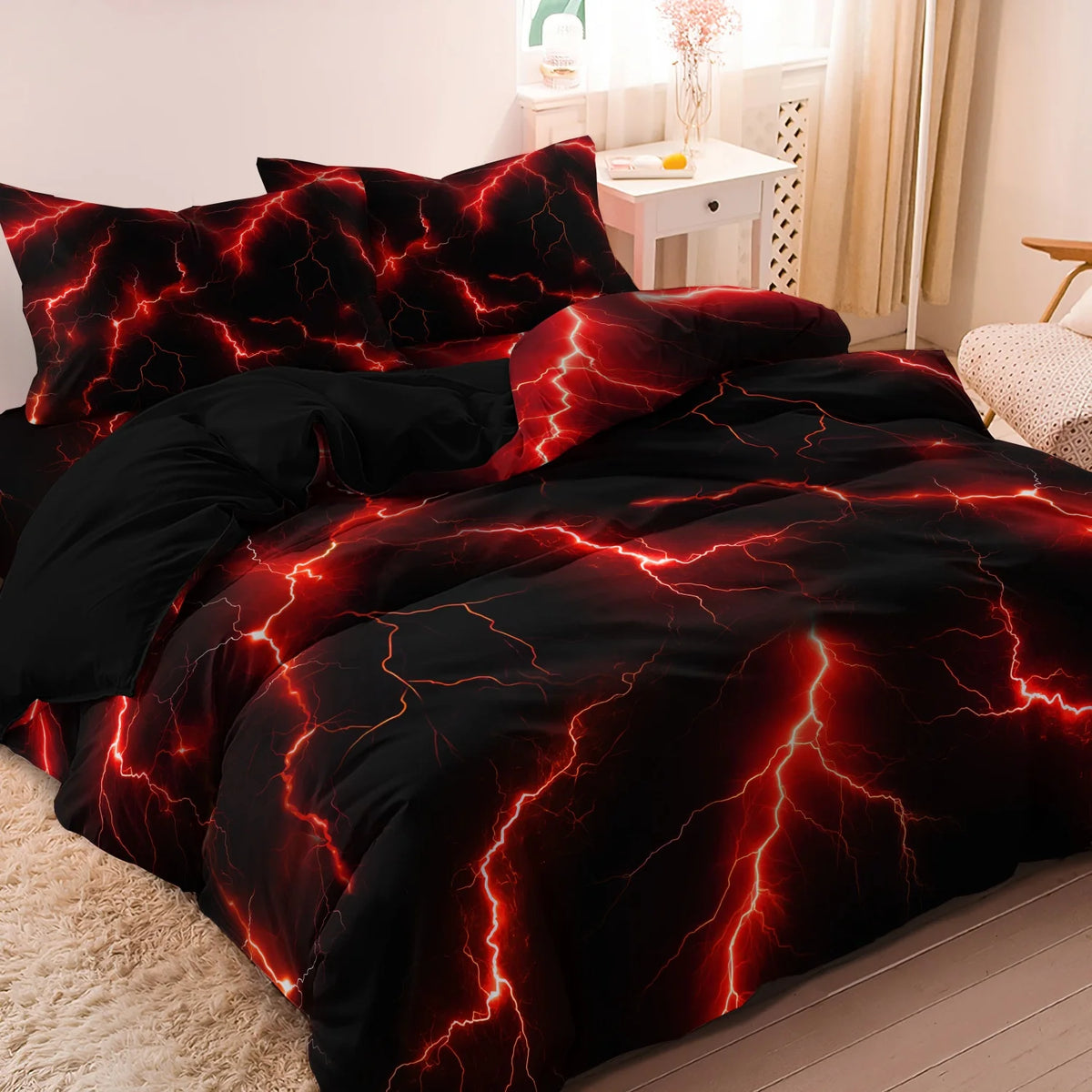A black duvet cover set featuring a vibrant red lightning bolt print.