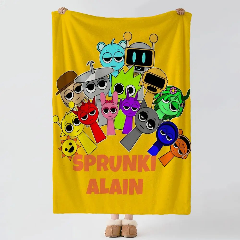 A yellow flannel blanket featuring colorful cartoon characters and the text SPRUNKI ALAIN