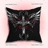 A black throw pillow cover featuring a silver cross design with intricate gothic and cyber elements, flanked by stylized wing