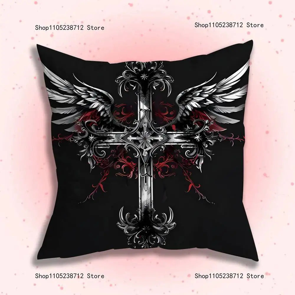 A black throw pillow cover featuring a silver cross design with intricate gothic and cyber elements, flanked by stylized wing