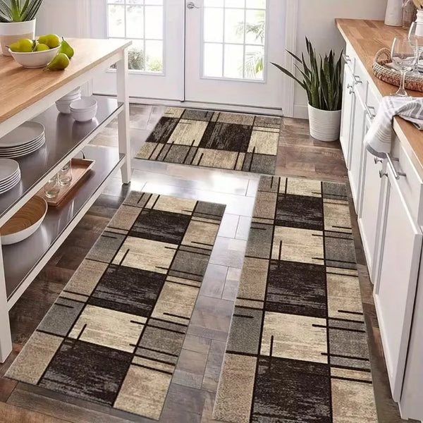 A modern checkered floor mat featuring geometric patterns in shades of gray and brown.