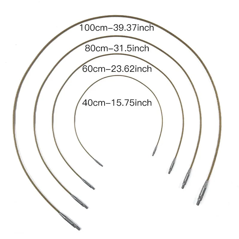 A set of ten golden aluminum crochet hooks shown in an arc, with measurements ranging from 100cm to 39.37 inches.