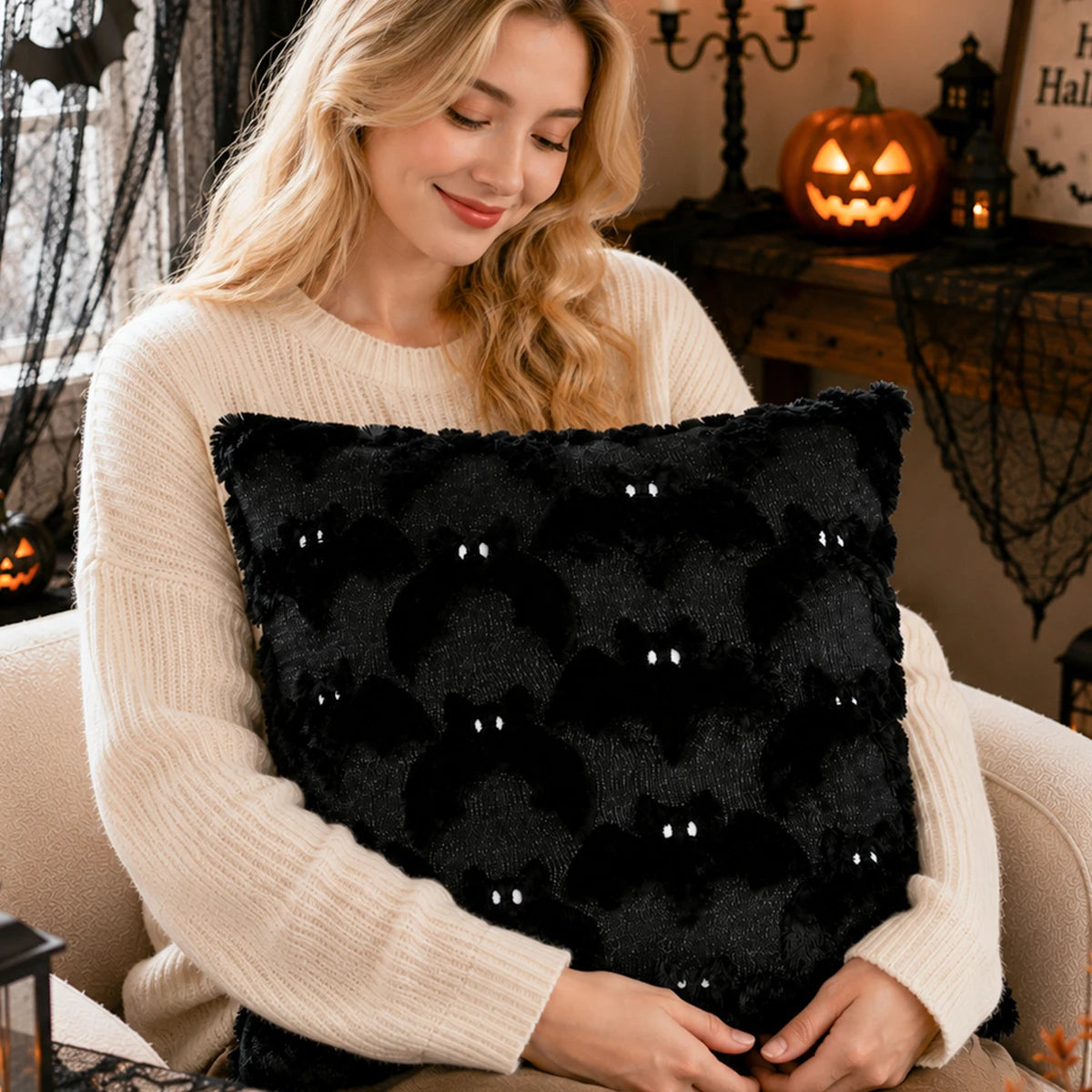 A woman wearing a cream sweater holds a black 3D bat plush cushion cover for Halloween decor.