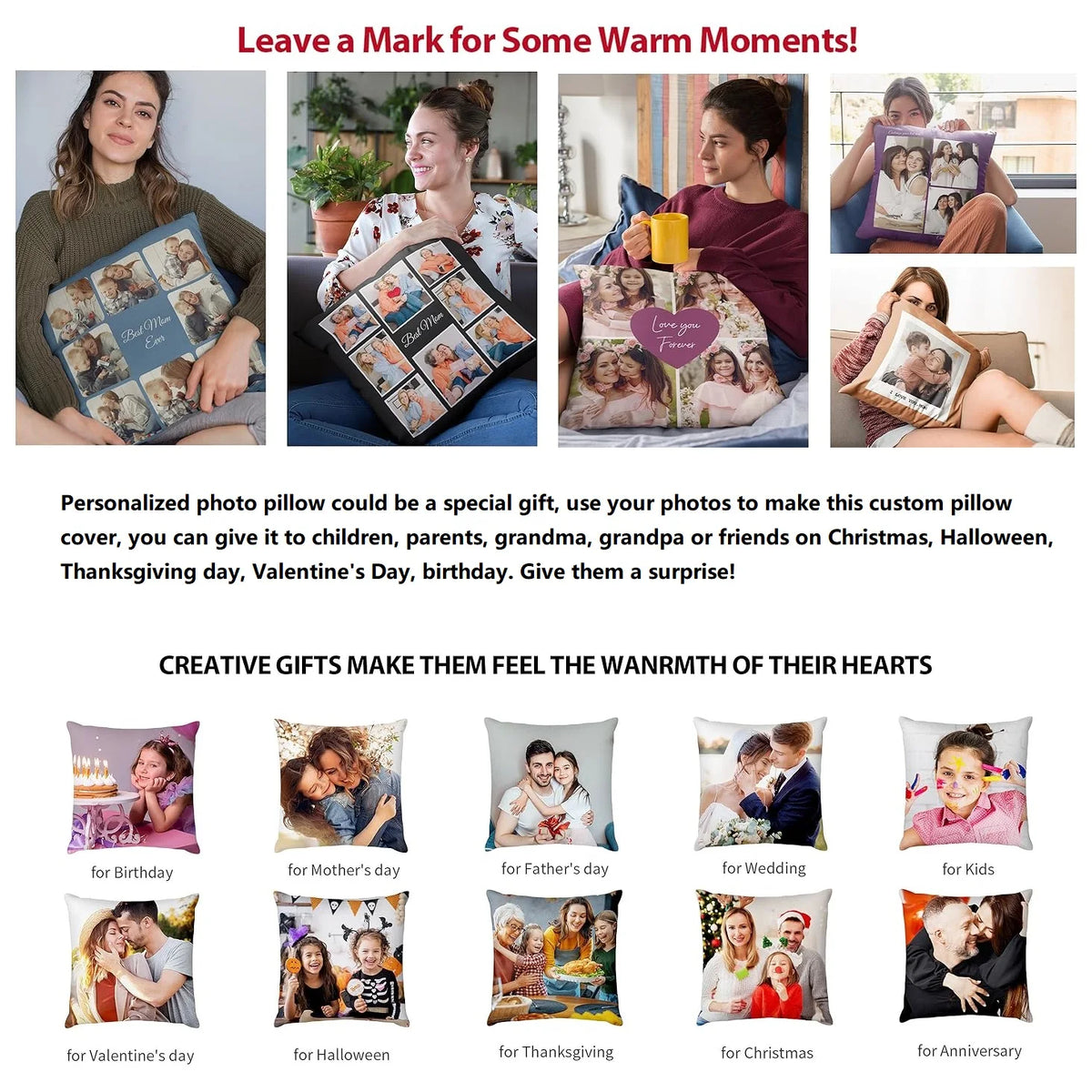 A variety of personalized photo throw pillow covers for different occasions like birthday, Valentine's Day, and Christmas.