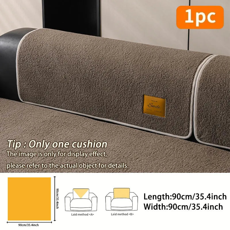 A rectangular brown fleece sofa mat shown with dimensions and a single cushion.