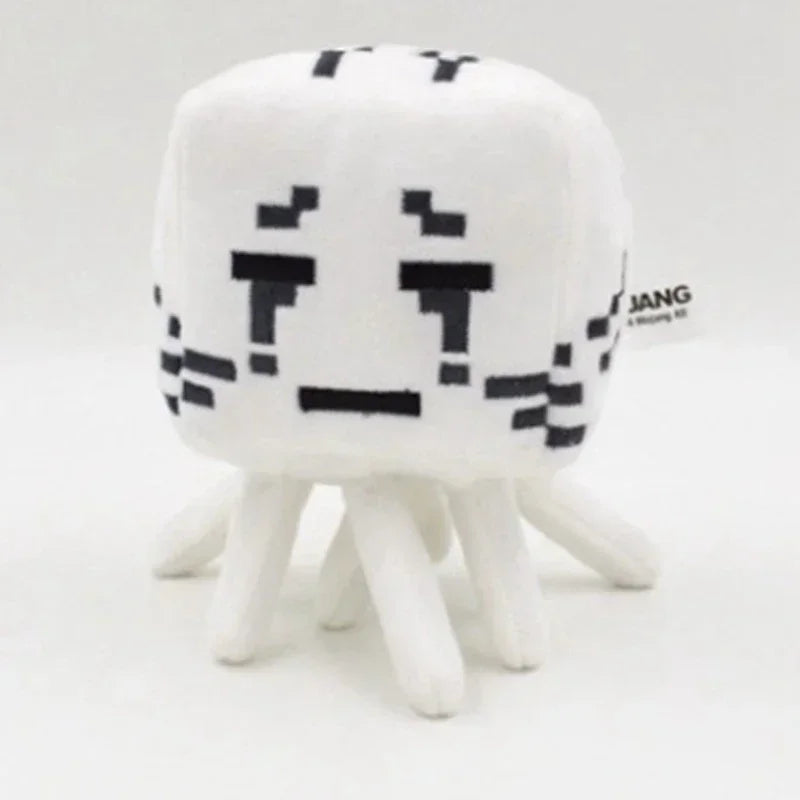 A white stuffed dragon plush toy with a pixelated black pattern and white legs.