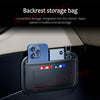 A dark gray storage bag with a zippered compartment holding a smartphone and a small electronic device, placed in a car inter