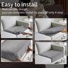 A four-step guide showing how to install plush stretch sofa seat cushion covers on a white sofa.