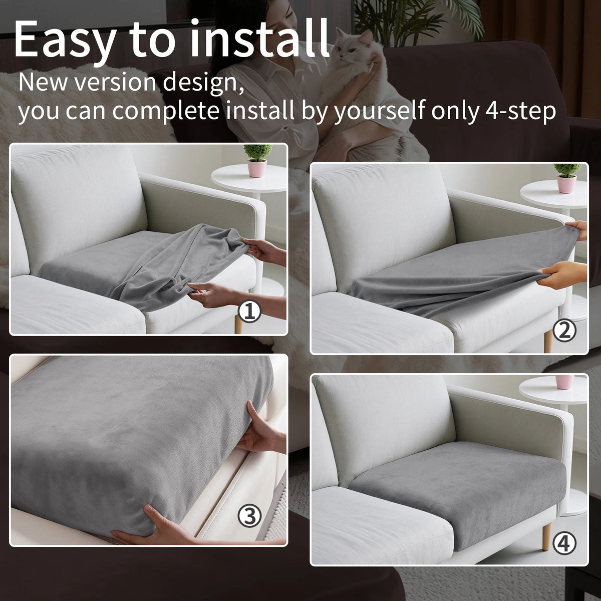 A four-step guide showing how to install plush stretch sofa seat cushion covers on a white sofa.
