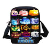 A black backpack featuring various cartoon fruit designs on the front.