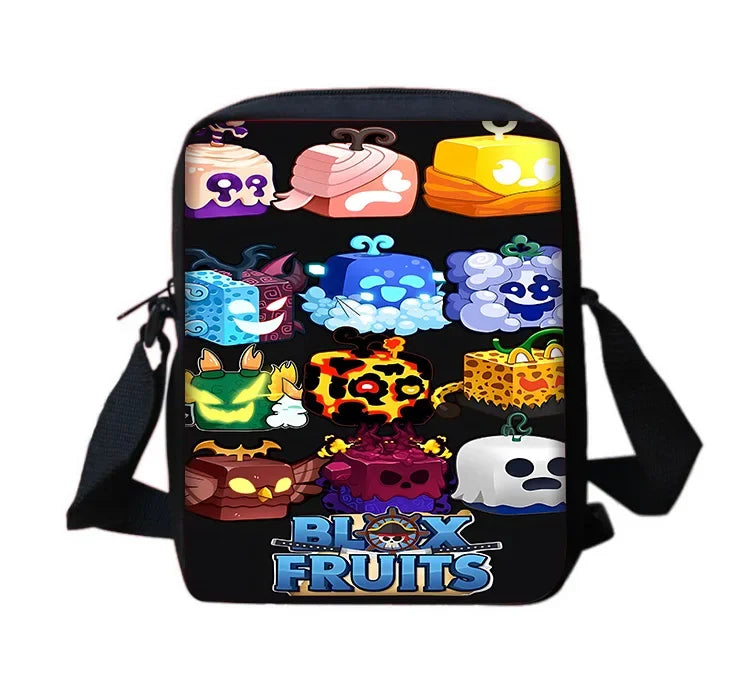 A black backpack featuring various cartoon fruit designs on the front.