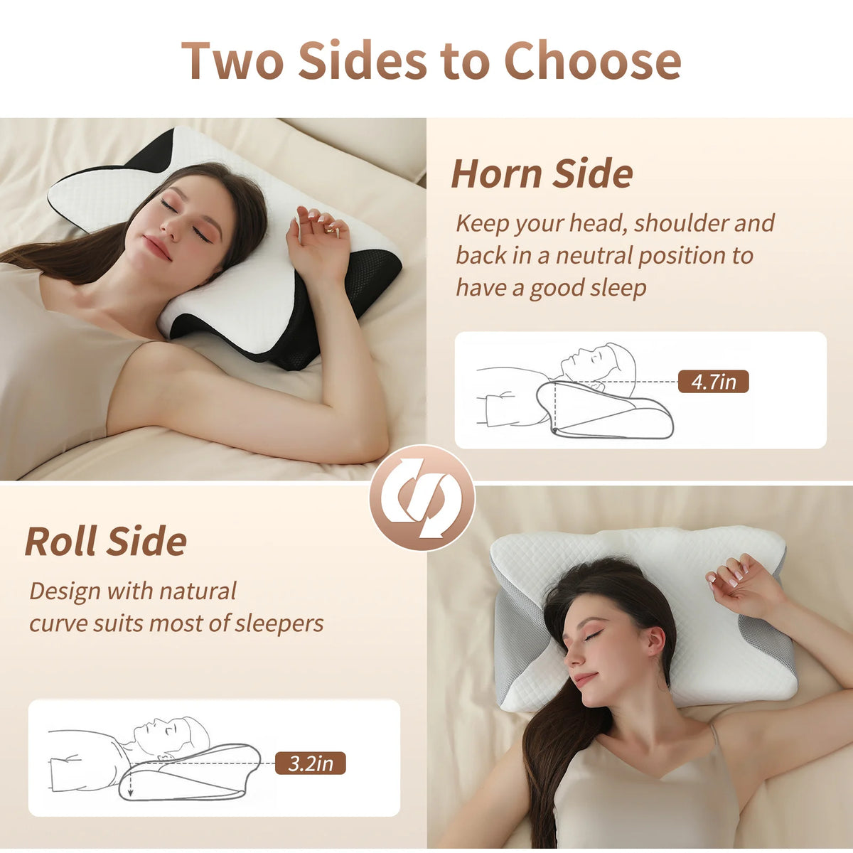 Two sides to choose for a contoured memory foam sleep pillow, showing the horn and roll designs.
