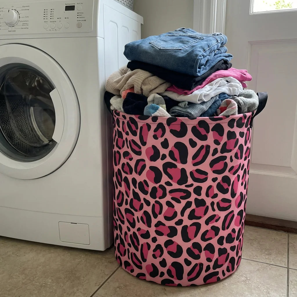 A pink leopard print laundry basket filled with folded clothes next to a white washing machine.