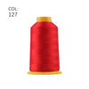 A spool of red embroidery thread with a yellow core and plastic base.