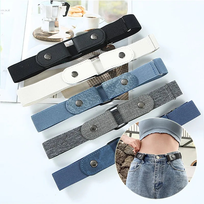 Various colored invisible stretch belts for pants and dresses shown with a denim garment.
