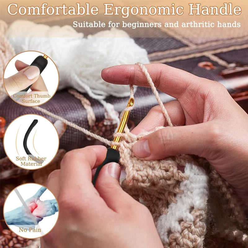 Hands are using a comfortable ergonomic gold crochet hook to work with yarn for beginners and arthritic hands.