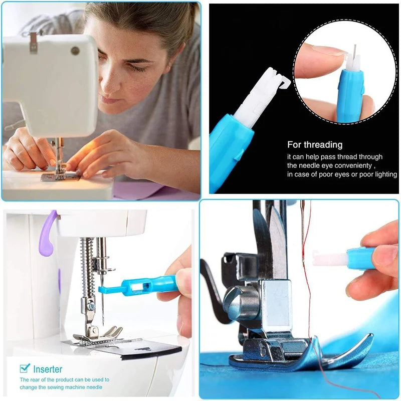 A set of tools for threading and inserting machine needles, including a threader and an inserter tool.