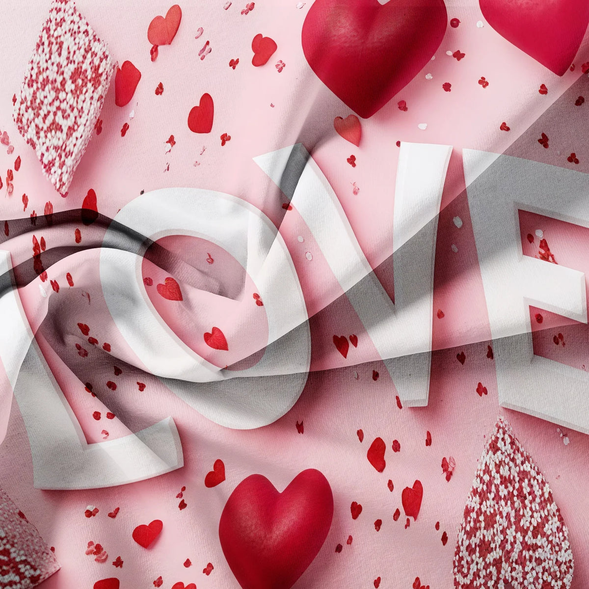 Pink fabric with red hearts and white text on a surface, featuring a red heart shape.