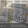 A set of leopard print duvet covers shown in dim, warm, cold, and natural light settings.