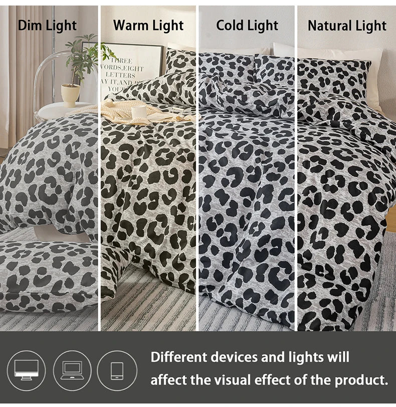A set of leopard print duvet covers shown in dim, warm, cold, and natural light settings.