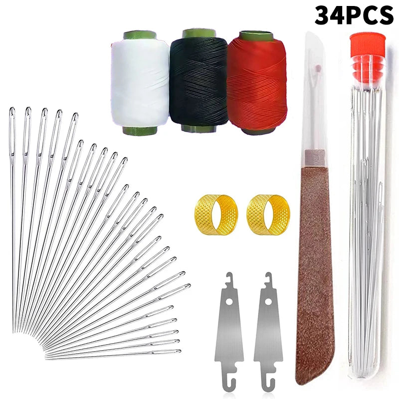 A set of 34 precision stainless steel sewing kit components including thread spools and needles