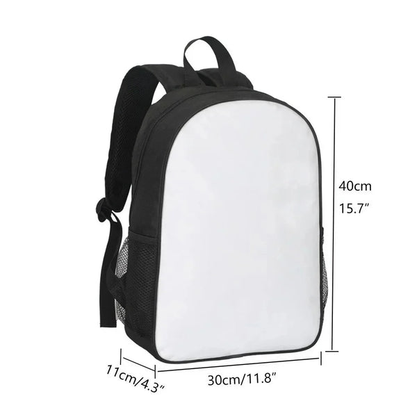 A white backpack with black straps and trim, shown from the front.