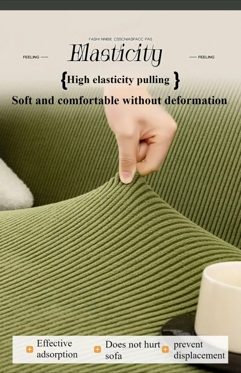 A hand gently pulls on a textured olive green sofa fabric demonstrating high elasticity and comfort without deformation.
