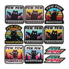 A collection of embroidered tactical patches featuring a cat meme design with the text PEW PEW and MADAFAKAS