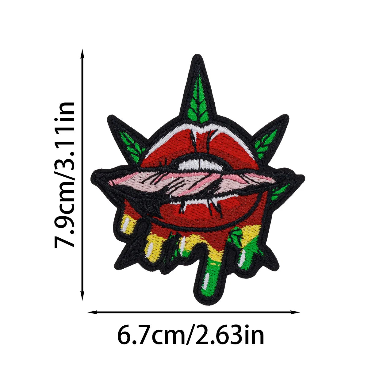 A red and green embroidered patch shaped like a stylized tongue or tongue-like object.