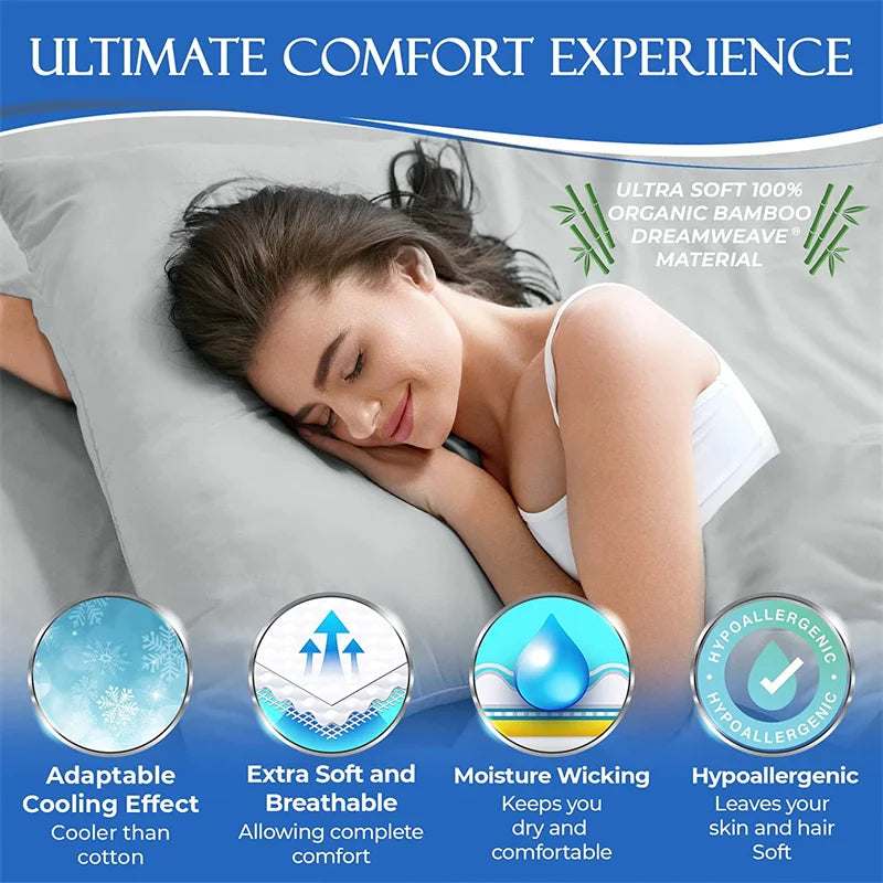 A woman rests comfortably on a pillow made of ultra soft organic bamboo dreamweave material.