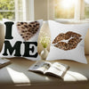 White decorative pillow covers featuring leopard print hearts and lips.
