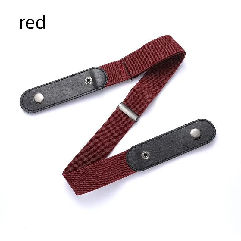 A maroon invisible stretch belt for pants and dresses shown flat.