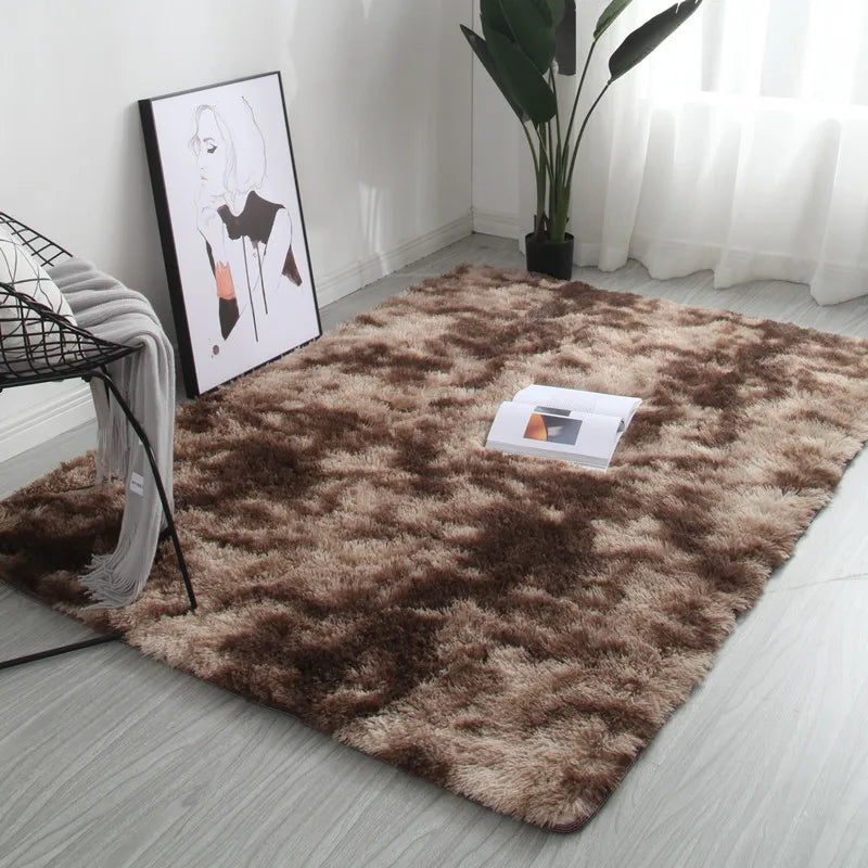 A fluffy brown modern Nordic style decor rug placed on a light gray floor next to a framed artwork.