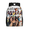 A black canvas backpack featuring a graphic design with text and portraits of women.