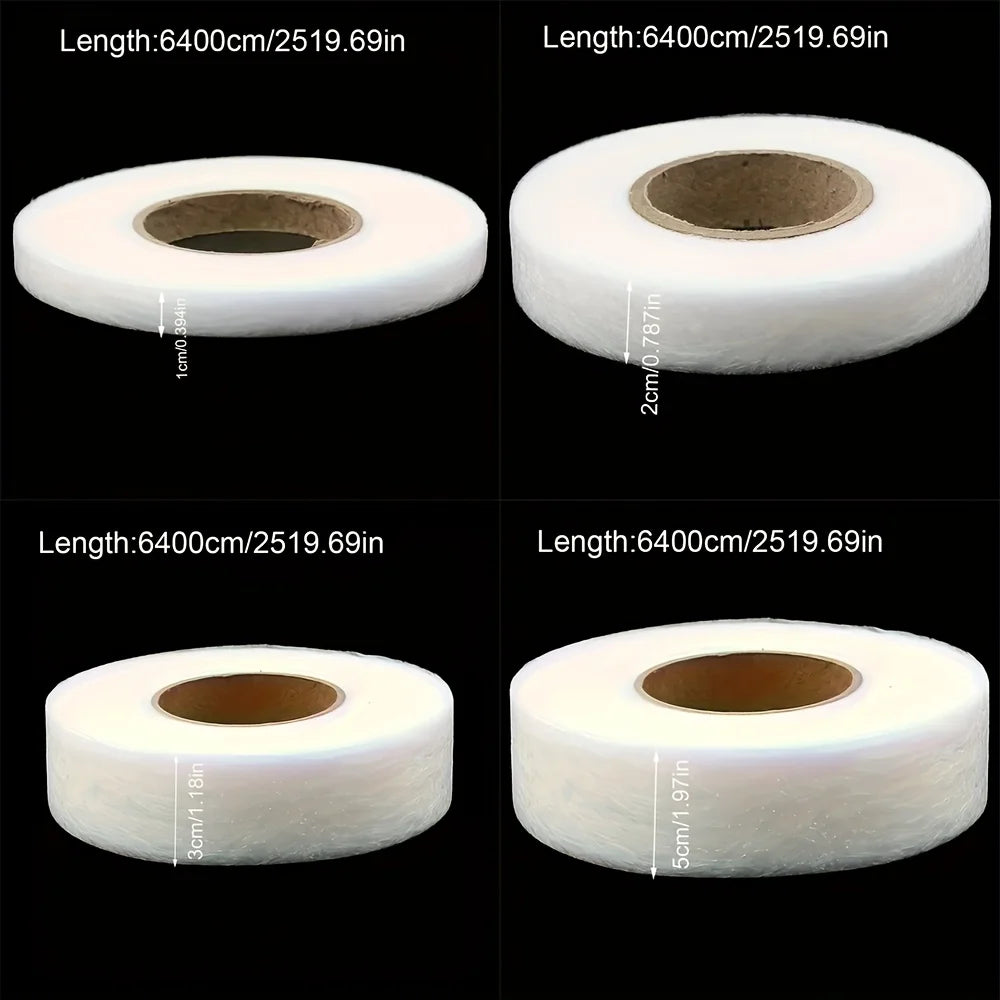 Rolls of white heavy duty double-sided fabric repair tape shown in various diameters.