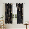 Elegant black blackout curtains with a golden wave pattern hanging in a window.