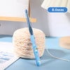 A blue ergonomic crochet hook with a 8.0mm tip is shown next to a ball of light pink yarn.