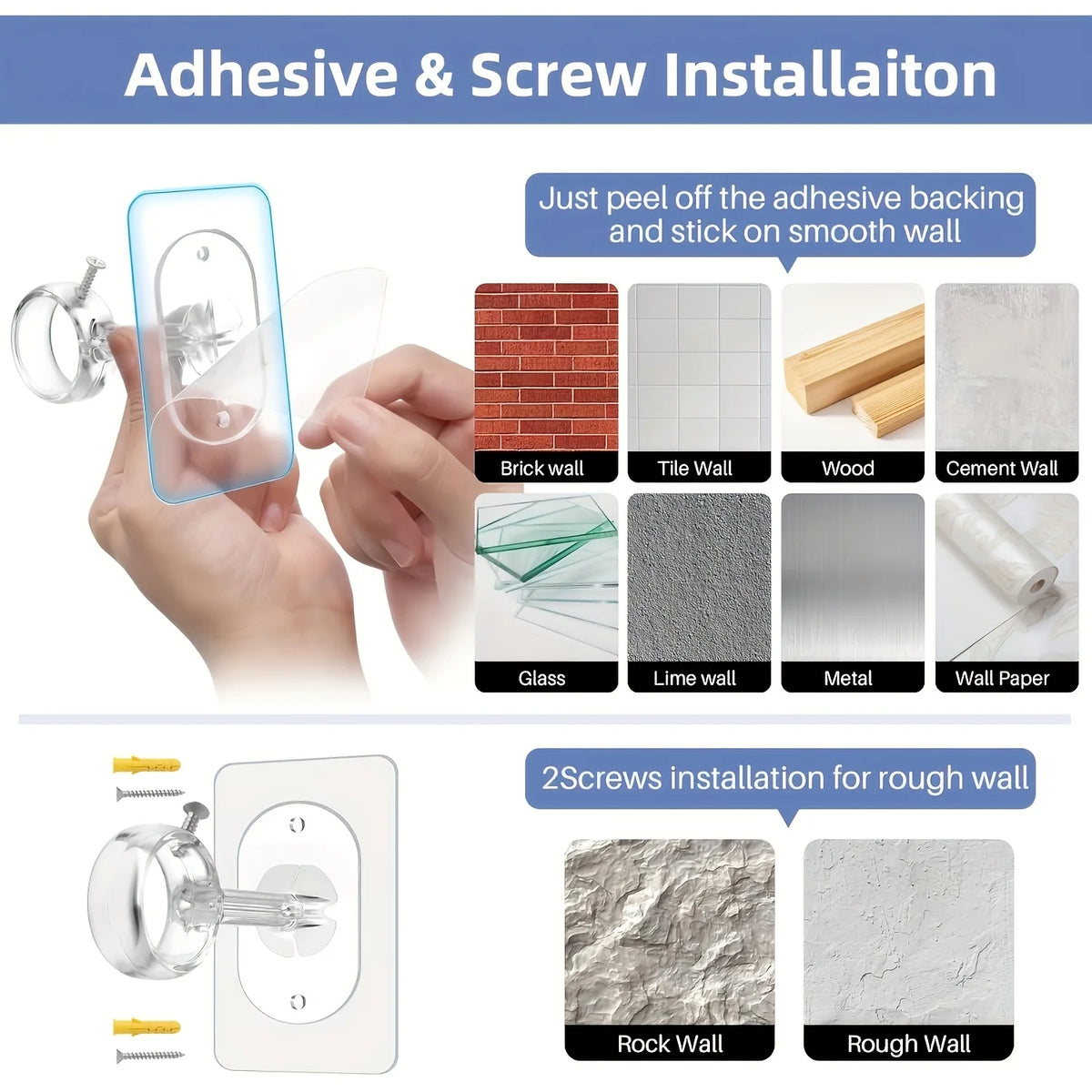 Installation guide showing adhesive and screw installation methods for various wall types like brick, tile, glass, metal, and