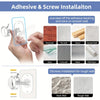 Installation guide showing adhesive and screw installation methods for various wall types like brick, tile, wood, and rough s