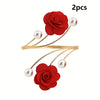 Two sets of red rose pattern curtain ties with gold metal wires and pearl beads